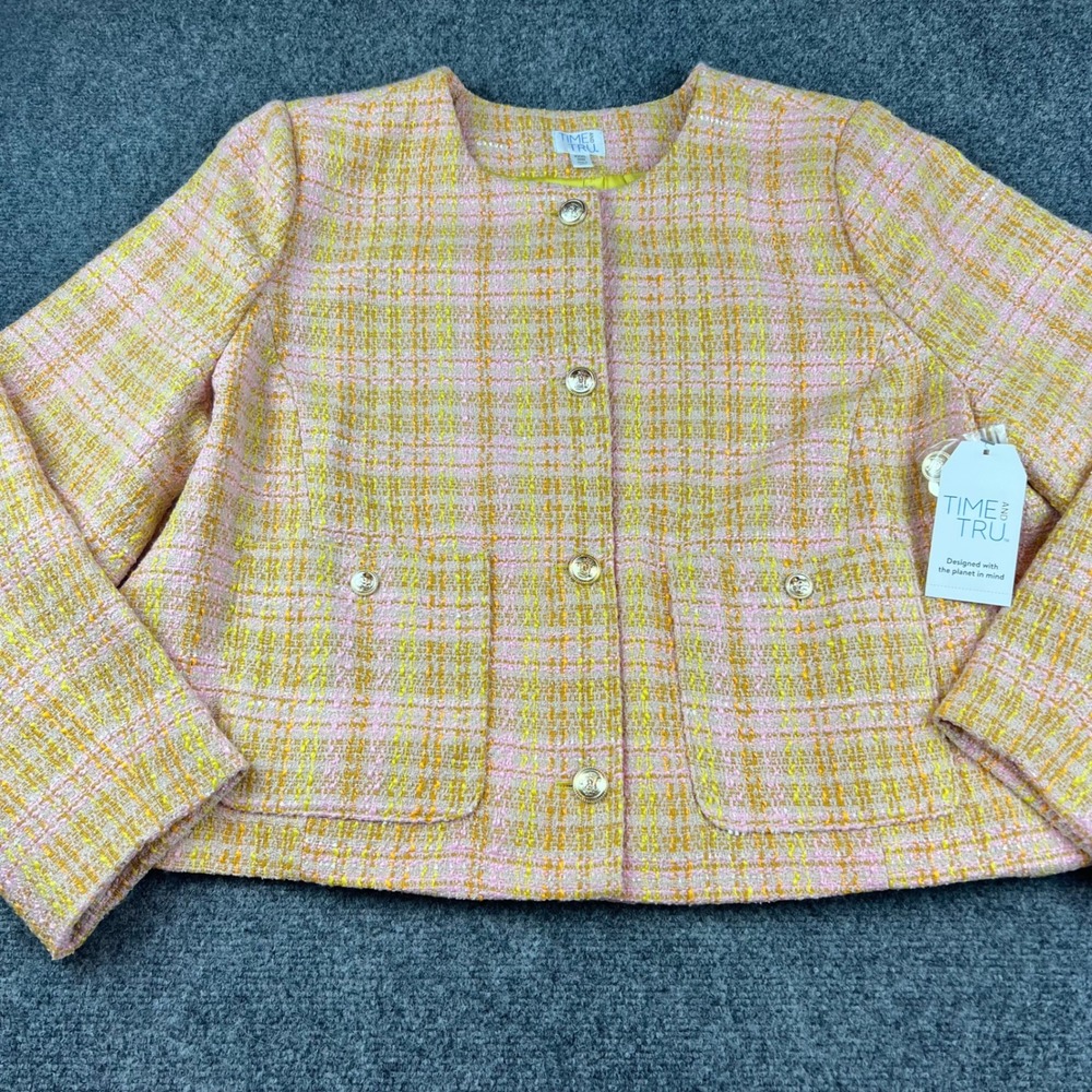 Time and Tru NWT XXXL 22 Yellow Pink Plaid Tweed Ladylike Jacket Gold Buttons